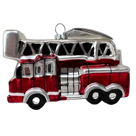 Fire Truck Glass Ornament Christmas Ladder Tender LT Red and Silver NEW w/ TAGS - Picture 2 of 7